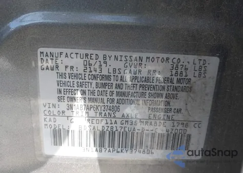 2019 Nissan Sentra Sv from USA, damaged, VIN 3N1AB7AP6KY374806